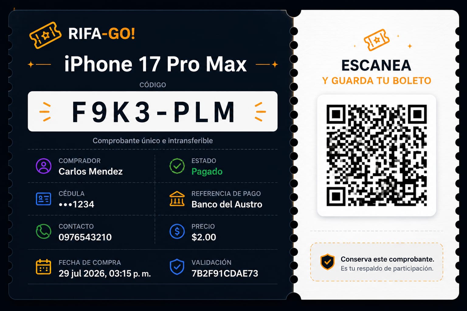 Ejemplo de boleto RIFA-GO! con código, QR y datos del comprador
